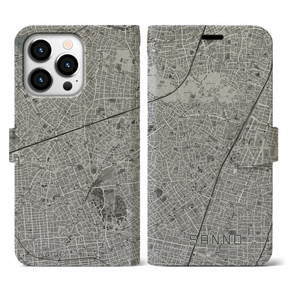 【山王（東京都）】地図柄iPhoneケース（手帳タイプ）モノトーン・iPhone 13 Pro 用