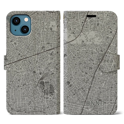 【山王（東京都）】地図柄iPhoneケース（手帳タイプ）モノトーン・iPhone 13 用