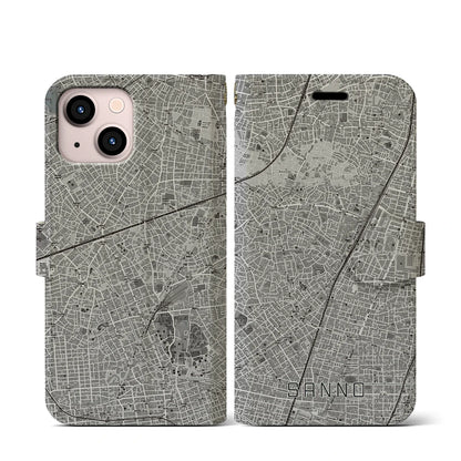 【山王（東京都）】地図柄iPhoneケース（手帳タイプ）モノトーン・iPhone 13 mini 用