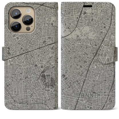 【山王（東京都）】地図柄iPhoneケース（手帳タイプ）モノトーン・iPhone 14 Pro Max 用