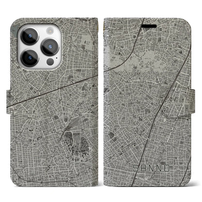 【山王（東京都）】地図柄iPhoneケース（手帳タイプ）モノトーン・iPhone 14 Pro 用