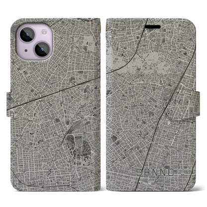 【山王（東京都）】地図柄iPhoneケース（手帳タイプ）モノトーン・iPhone 14 用