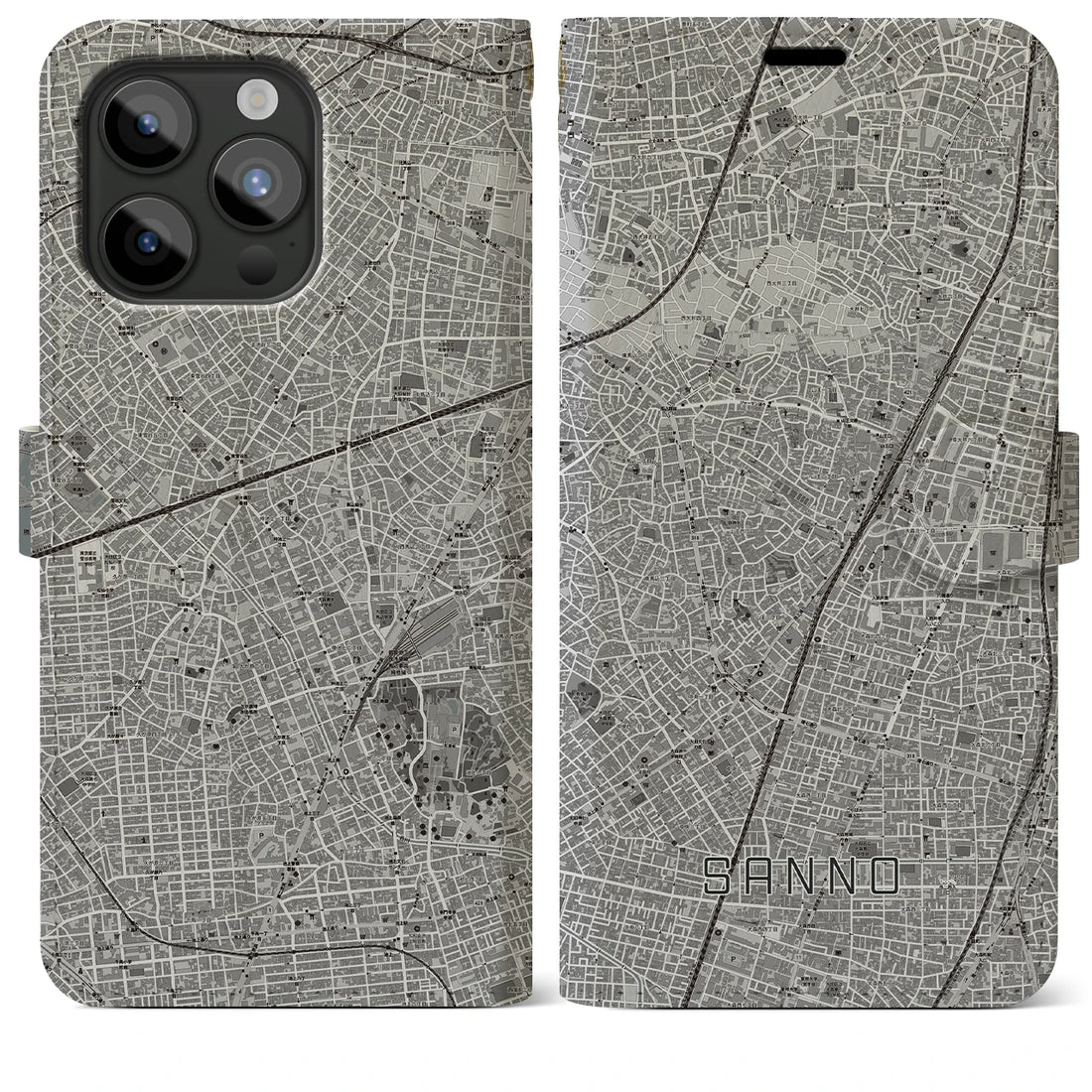【山王】地図柄iPhoneケース（手帳両面タイプ・モノトーン）iPhone 15 Pro Max 用