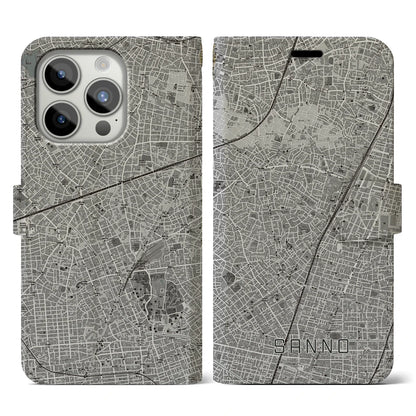 【山王（東京都）】地図柄iPhoneケース（手帳タイプ）モノトーン・iPhone 15 Pro 用