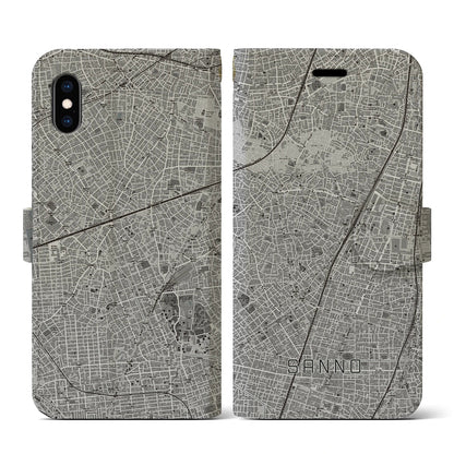 【山王（東京都）】地図柄iPhoneケース（手帳タイプ）モノトーン・iPhone XS / X 用