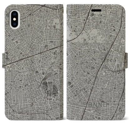 【山王（東京都）】地図柄iPhoneケース（手帳タイプ）モノトーン・iPhone XS Max 用