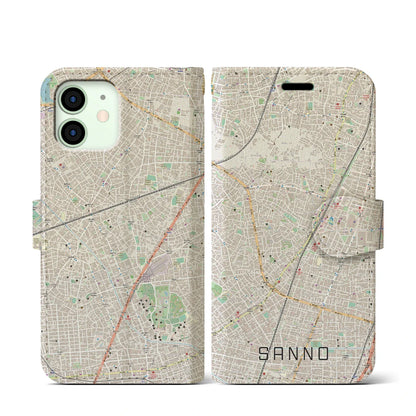 【山王（東京都）】地図柄iPhoneケース（手帳タイプ）ナチュラル・iPhone 12 mini 用