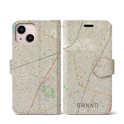 【山王（東京都）】地図柄iPhoneケース（手帳タイプ）ナチュラル・iPhone 13 mini 用