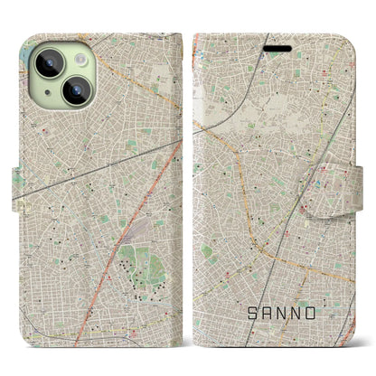 【山王（東京都）】地図柄iPhoneケース（手帳タイプ）ナチュラル・iPhone 15 用