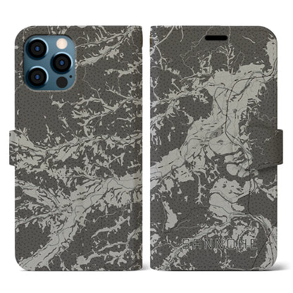 【三戸（青森県）】地図柄iPhoneケース（手帳タイプ）モノトーン・iPhone 12 / 12 Pro 用