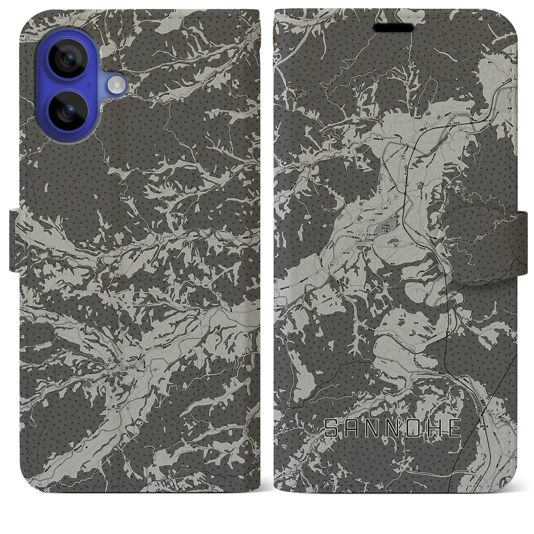 【三戸(青森県)】地図柄iPhoneケース(手帳タイプ)モノトーン・iPhone 16 Pro Max 用