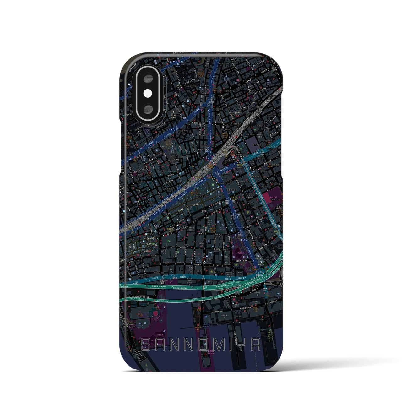 【三宮2】地図柄iPhoneケース（バックカバータイプ・ブラック）iPhone XS / X 用