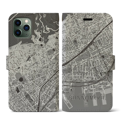 【三宮2（兵庫県）】地図柄iPhoneケース（手帳タイプ）モノトーン・iPhone 11 Pro 用