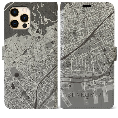 【三宮2（兵庫県）】地図柄iPhoneケース（手帳タイプ）モノトーン・iPhone 12 Pro Max 用