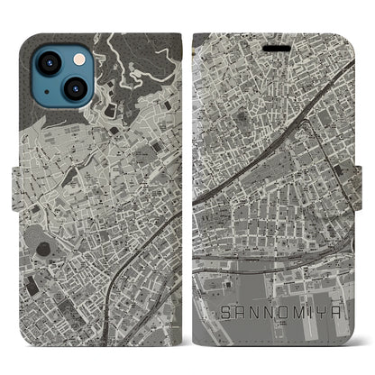 【三宮2（兵庫県）】地図柄iPhoneケース（手帳タイプ）モノトーン・iPhone 13 用