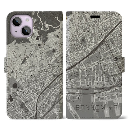 【三宮2（兵庫県）】地図柄iPhoneケース（手帳タイプ）モノトーン・iPhone 14 用