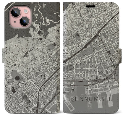 【三宮2（兵庫県）】地図柄iPhoneケース（手帳タイプ）モノトーン・iPhone 15 Plus 用
