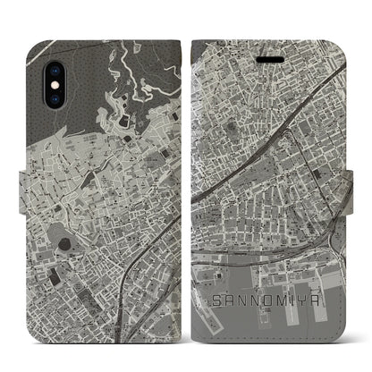 【三宮2（兵庫県）】地図柄iPhoneケース（手帳タイプ）モノトーン・iPhone XS / X 用