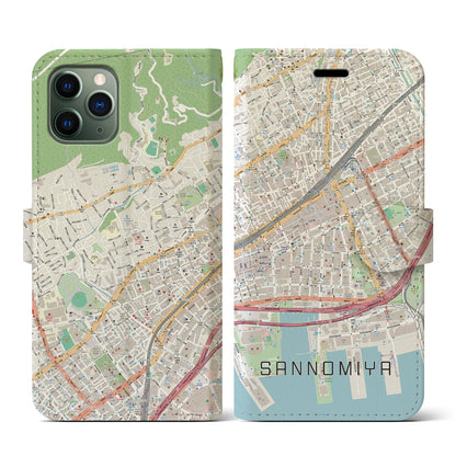 【三宮2（兵庫県）】地図柄iPhoneケース（手帳タイプ）ナチュラル・iPhone 11 Pro 用