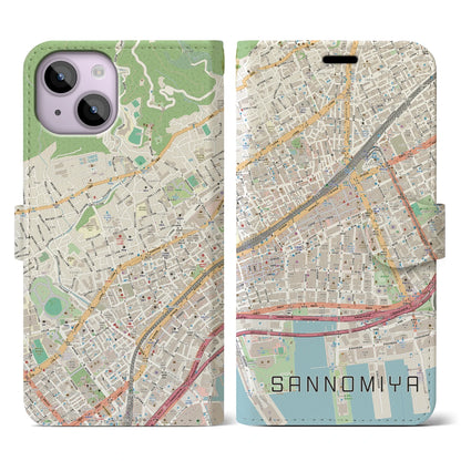 【三宮2（兵庫県）】地図柄iPhoneケース（手帳タイプ）ナチュラル・iPhone 14 用