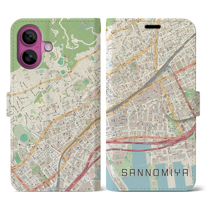 【三宮2（兵庫県）】地図柄iPhoneケース（手帳タイプ）ナチュラル・iPhone 16 Pro 用