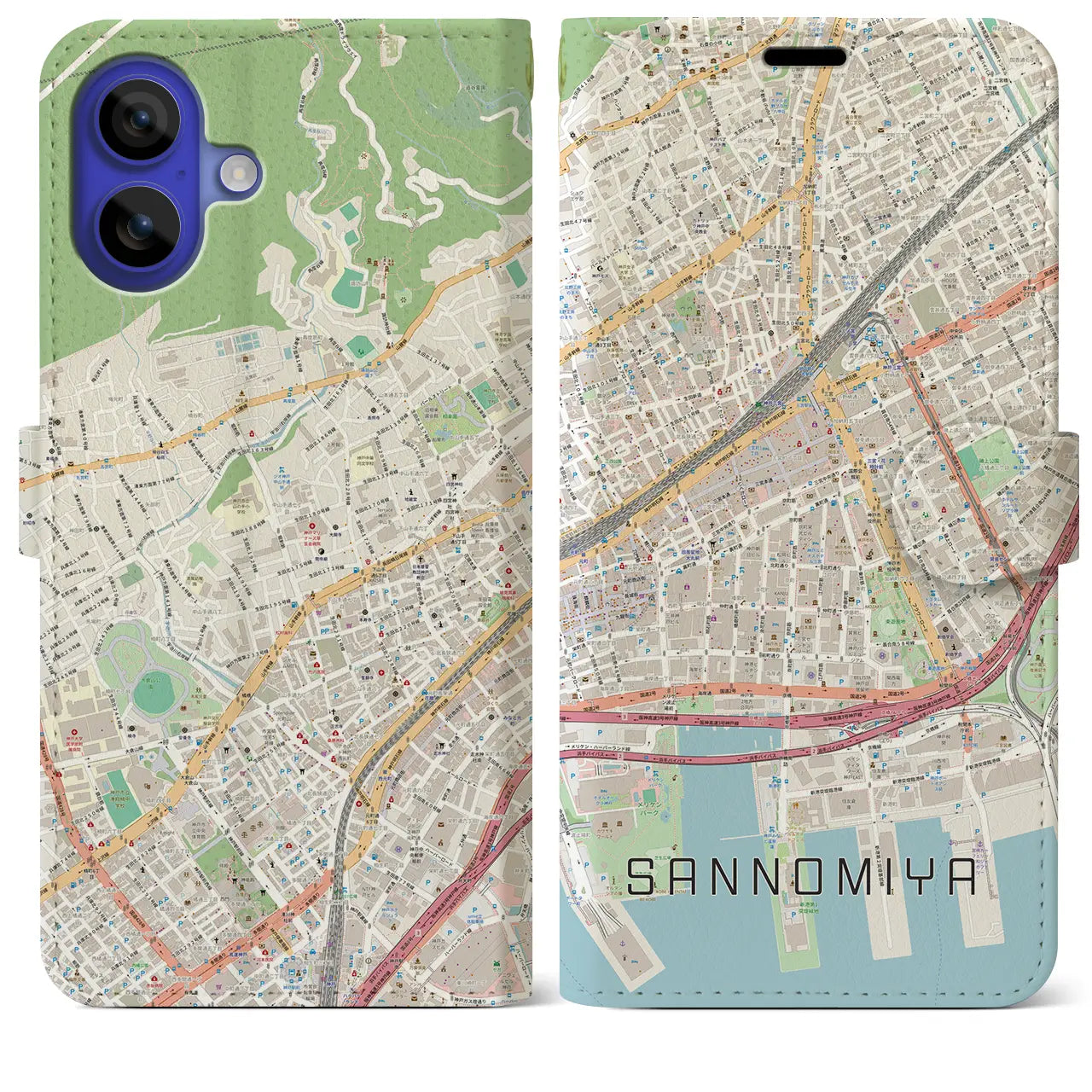 【三宮2（兵庫県）】地図柄iPhoneケース（手帳タイプ）ナチュラル・iPhone 16 Pro Max 用