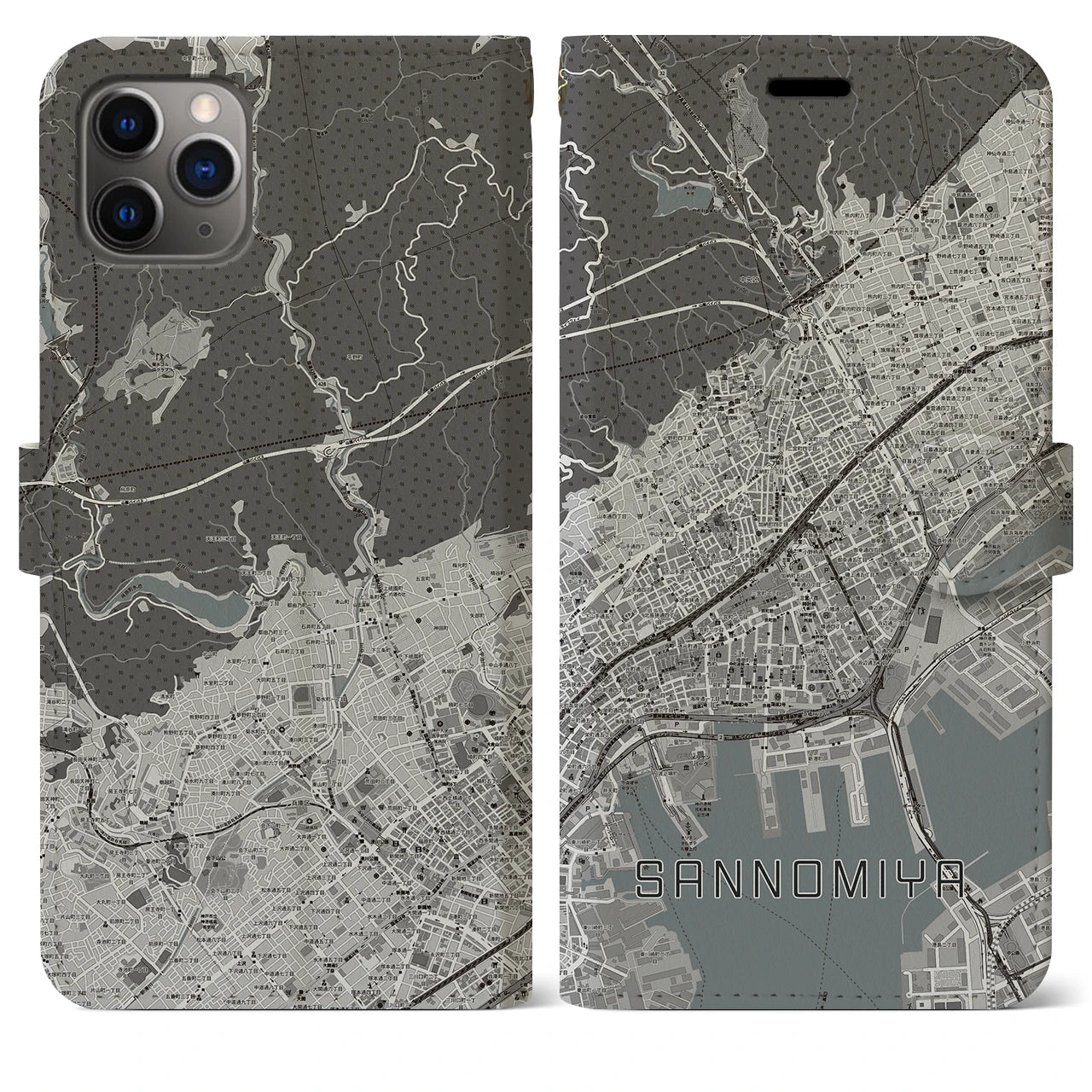 【三宮】地図柄iPhoneケース（手帳両面タイプ・モノトーン）iPhone 11 Pro Max 用