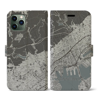 【三宮（兵庫県）】地図柄iPhoneケース（手帳タイプ）モノトーン・iPhone 11 Pro 用
