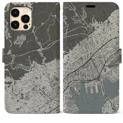 【三宮（兵庫県）】地図柄iPhoneケース（手帳タイプ）モノトーン・iPhone 12 Pro Max 用