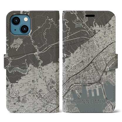 【三宮（兵庫県）】地図柄iPhoneケース（手帳タイプ）モノトーン・iPhone 13 用