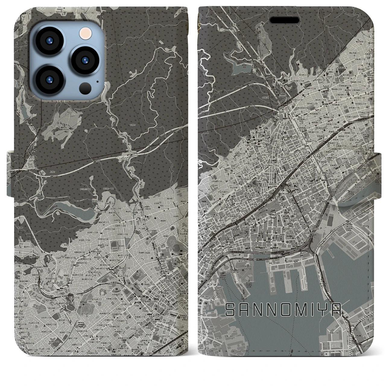 【三宮】地図柄iPhoneケース（手帳両面タイプ・モノトーン）iPhone 13 Pro Max 用