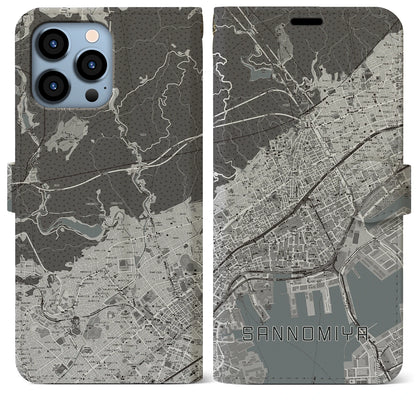 【三宮（兵庫県）】地図柄iPhoneケース（手帳タイプ）モノトーン・iPhone 13 Pro Max 用