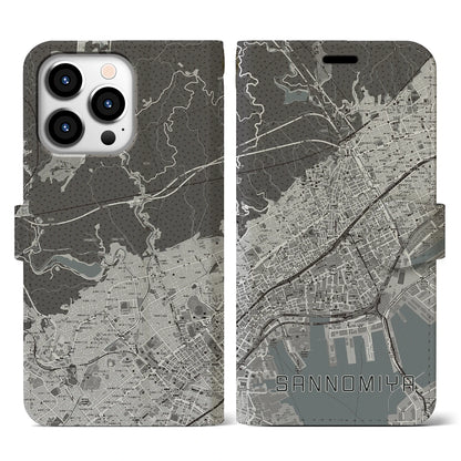 【三宮（兵庫県）】地図柄iPhoneケース（手帳タイプ）モノトーン・iPhone 13 Pro 用