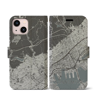 【三宮（兵庫県）】地図柄iPhoneケース（手帳タイプ）モノトーン・iPhone 13 mini 用