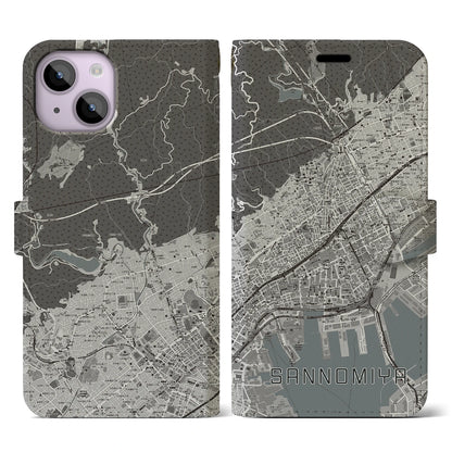 【三宮（兵庫県）】地図柄iPhoneケース（手帳タイプ）モノトーン・iPhone 14 用