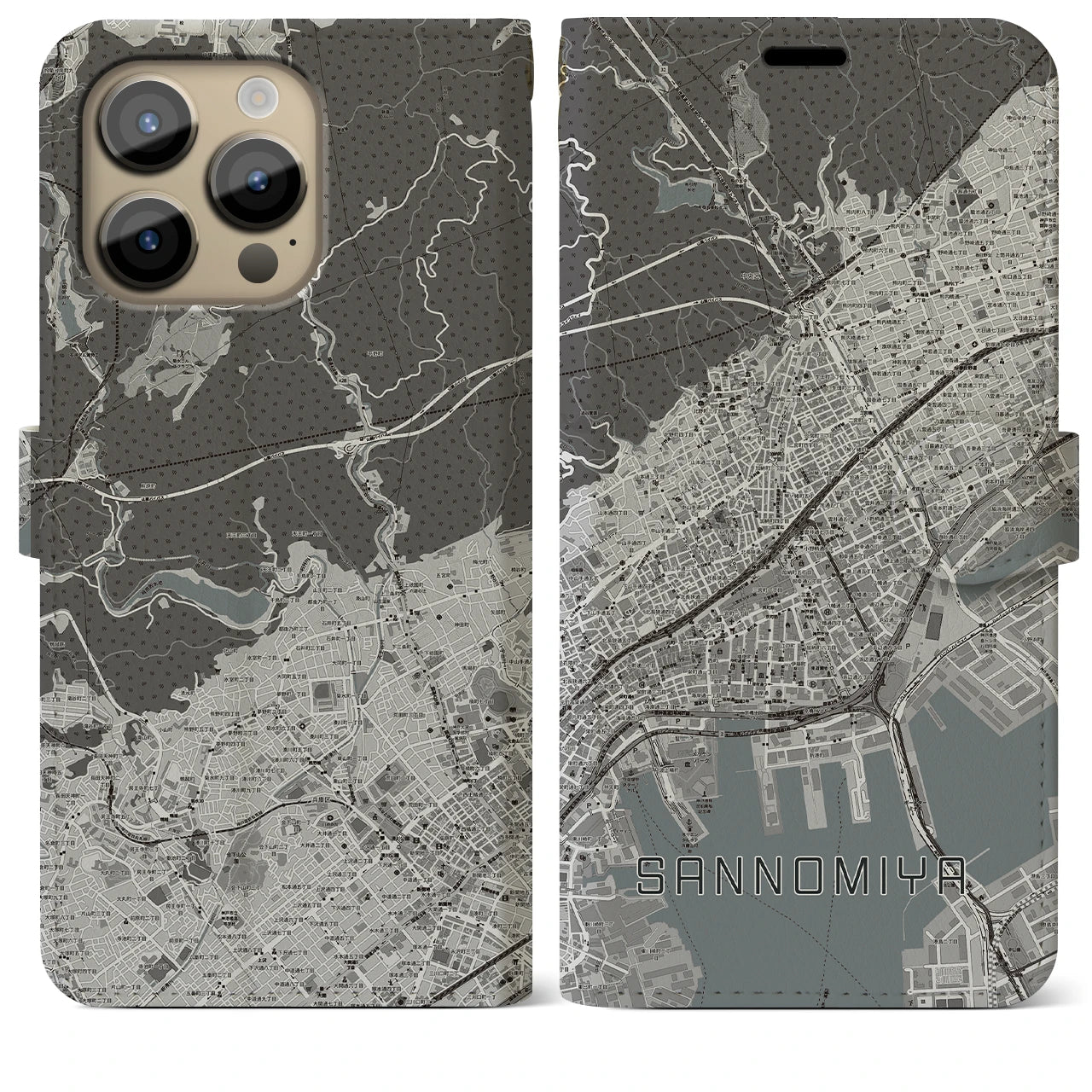 【三宮】地図柄iPhoneケース（手帳両面タイプ・モノトーン）iPhone 14 Pro Max 用
