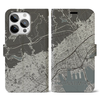 【三宮（兵庫県）】地図柄iPhoneケース（手帳タイプ）モノトーン・iPhone 14 Pro 用
