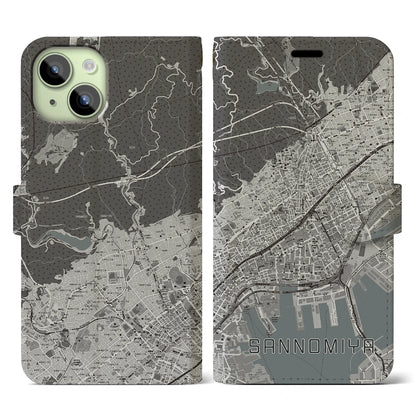 【三宮（兵庫県）】地図柄iPhoneケース（手帳タイプ）モノトーン・iPhone 15 用