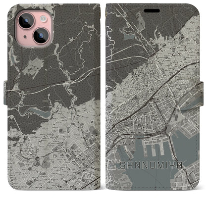 【三宮（兵庫県）】地図柄iPhoneケース（手帳タイプ）モノトーン・iPhone 15 Plus 用
