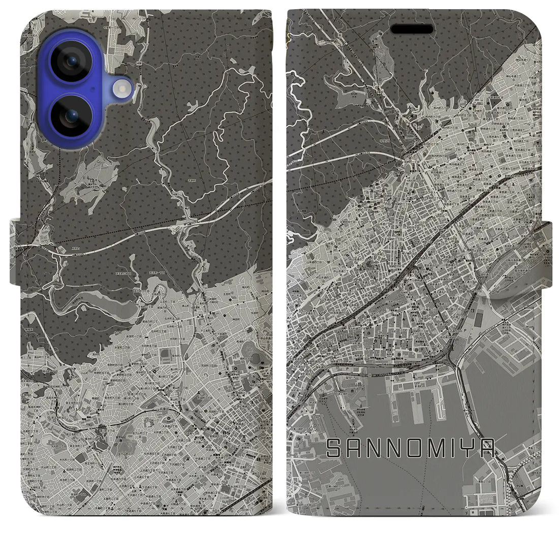 【三宮(兵庫県)】地図柄iPhoneケース(手帳タイプ)モノトーン・iPhone 16 Pro Max 用