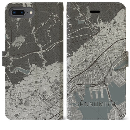 【三宮（兵庫県）】地図柄iPhoneケース（手帳タイプ）モノトーン・iPhone 8Plus /7Plus / 6sPlus / 6Plus 用