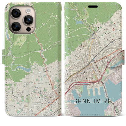 【三宮（兵庫県）】地図柄iPhoneケース（手帳タイプ）ナチュラル・iPhone 16 Plus 用