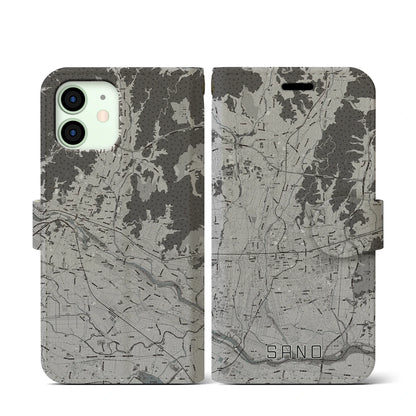 【佐野（栃木県）】地図柄iPhoneケース（手帳タイプ）モノトーン・iPhone 12 mini 用