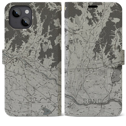 【佐野（栃木県）】地図柄iPhoneケース（手帳タイプ）モノトーン・iPhone 14 Plus 用