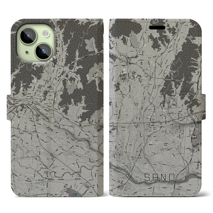 【佐野（栃木県）】地図柄iPhoneケース（手帳タイプ）モノトーン・iPhone 15 用