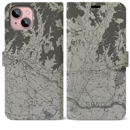 【佐野（栃木県）】地図柄iPhoneケース（手帳タイプ）モノトーン・iPhone 15 Plus 用