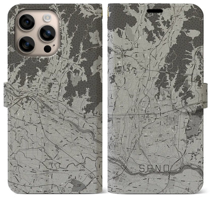 【佐野（栃木県）】地図柄iPhoneケース（手帳タイプ）モノトーン・iPhone 16 Plus 用