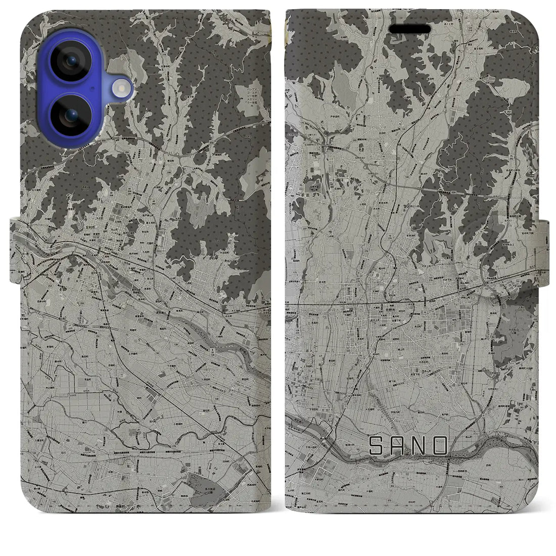 【佐野(栃木県)】地図柄iPhoneケース(手帳タイプ)モノトーン・iPhone 16 Pro Max 用