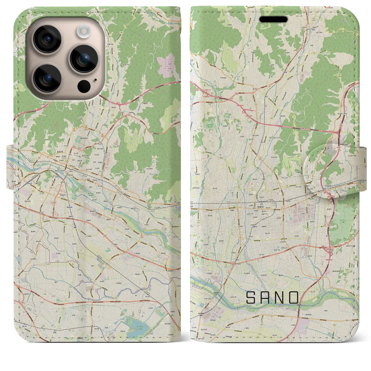 【佐野（栃木県）】地図柄iPhoneケース（手帳タイプ）ナチュラル・iPhone 16 Plus 用