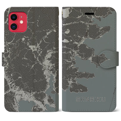 【三陸（岩手県）】地図柄iPhoneケース（手帳タイプ）モノトーン・iPhone 11 用